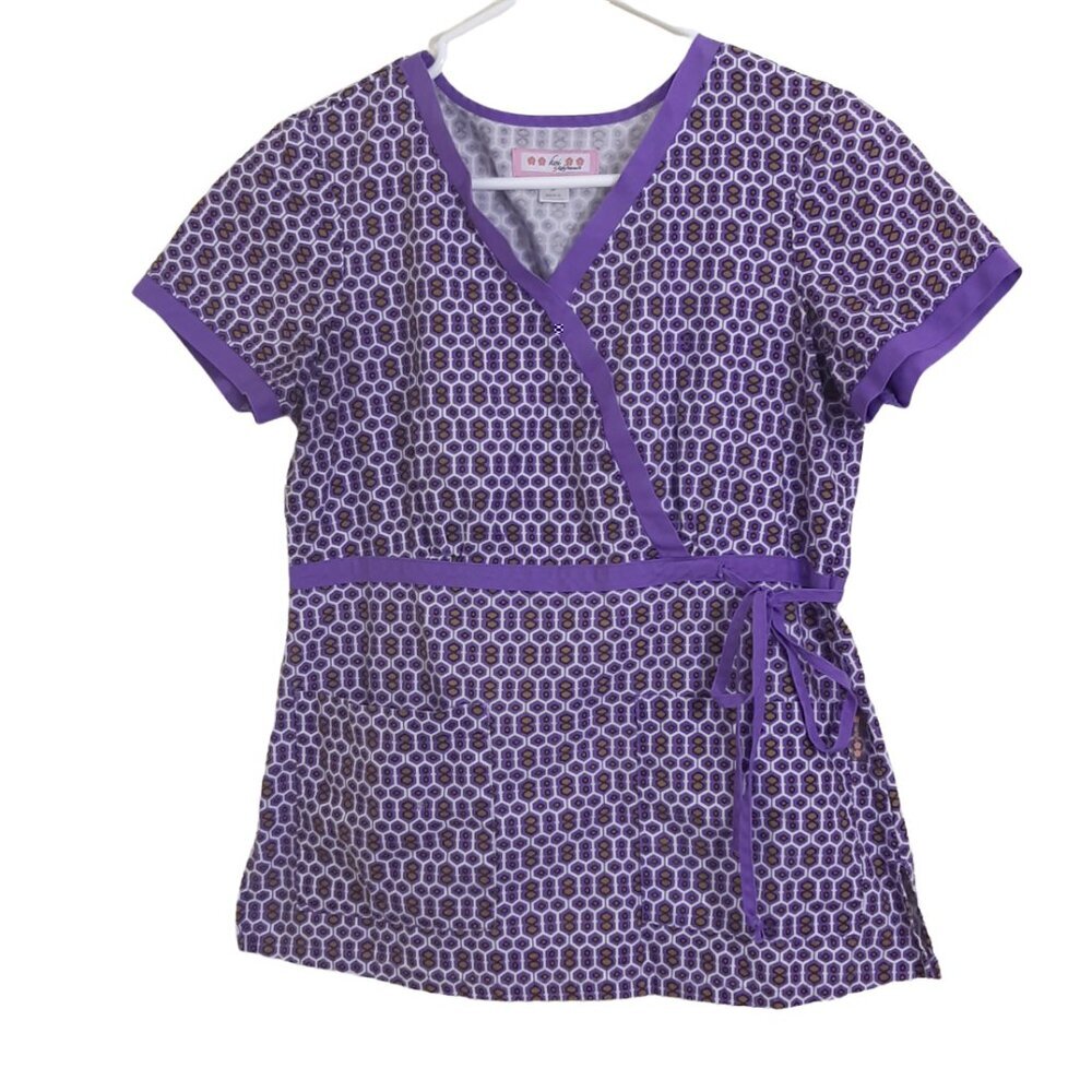Koi Scrub Top Size Small Purple Geometric Print Pockets Drawstring Waist Pockets